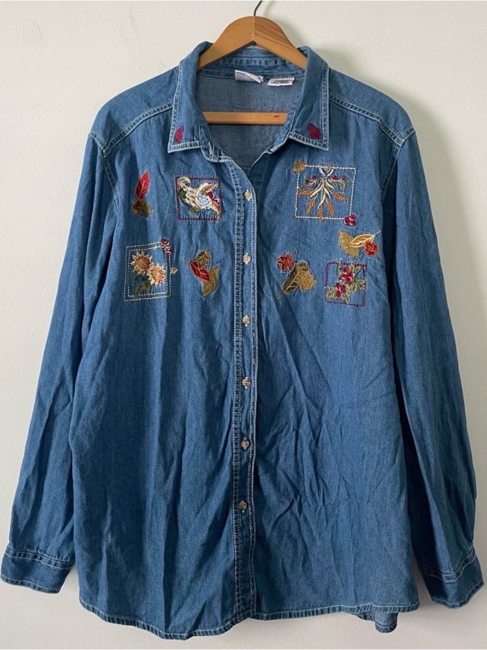 Vintage 90s Bobbie Brooks Chambray Embroidered Fall Farm Cottage Theme Top XL
